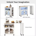 AEELLEEA Îlot de cuisine sur roulettes avec table extensible, chariot de rangement de cuisine roulant en MDF, 2 portes vitrées cannelées, 3 étagères ouvertes latérales, blanc