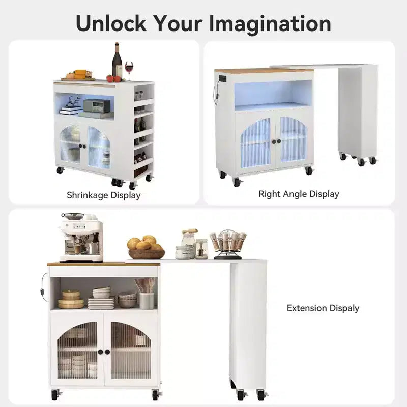 AEELLEEA Îlot de cuisine sur roulettes avec table extensible, chariot de rangement de cuisine roulant en MDF, 2 portes vitrées cannelées, 3 étagères ouvertes latérales, blanc