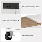 AEELLEEA Îlot de cuisine sur roulettes avec table extensible, chariot de rangement de cuisine roulant en MDF, 2 portes vitrées cannelées, 3 étagères ouvertes latérales, blanc