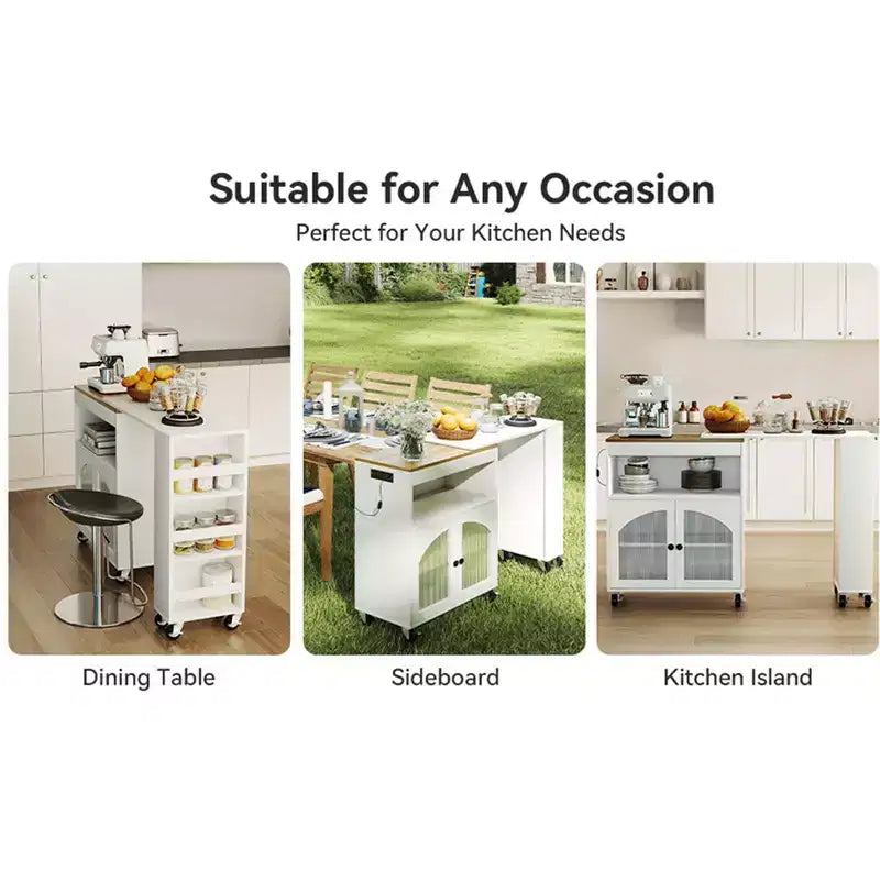 AEELLEEA Îlot de cuisine sur roulettes avec table extensible, chariot de rangement de cuisine roulant en MDF, 2 portes vitrées cannelées, 3 étagères ouvertes latérales, blanc