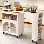 AEELLEEA Îlot de cuisine sur roulettes avec table extensible, chariot de rangement de cuisine roulant en MDF, 2 portes vitrées cannelées, 3 étagères ouvertes latérales, blanc