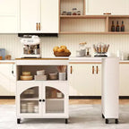 AEELLEEA Îlot de cuisine sur roulettes avec table extensible, chariot de rangement de cuisine roulant en MDF, 2 portes vitrées cannelées, 3 étagères ouvertes latérales, blanc