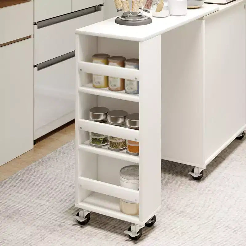 AEELLEEA Îlot de cuisine sur roulettes avec table extensible, chariot de rangement de cuisine roulant en MDF, 2 portes vitrées cannelées, 3 étagères ouvertes latérales, blanc