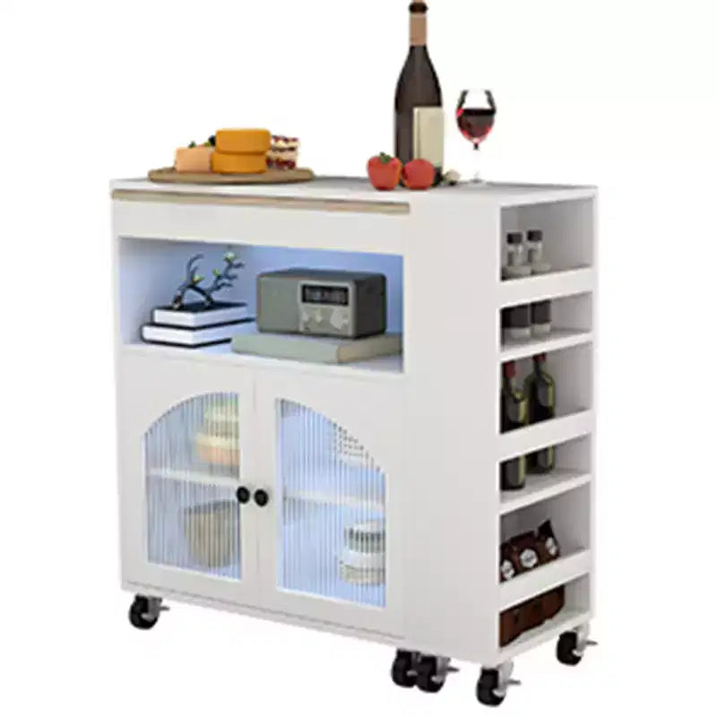 AEELLEEA Îlot de cuisine sur roulettes avec table extensible, chariot de rangement de cuisine roulant en MDF, 2 portes vitrées cannelées, 3 étagères ouvertes latérales, blanc