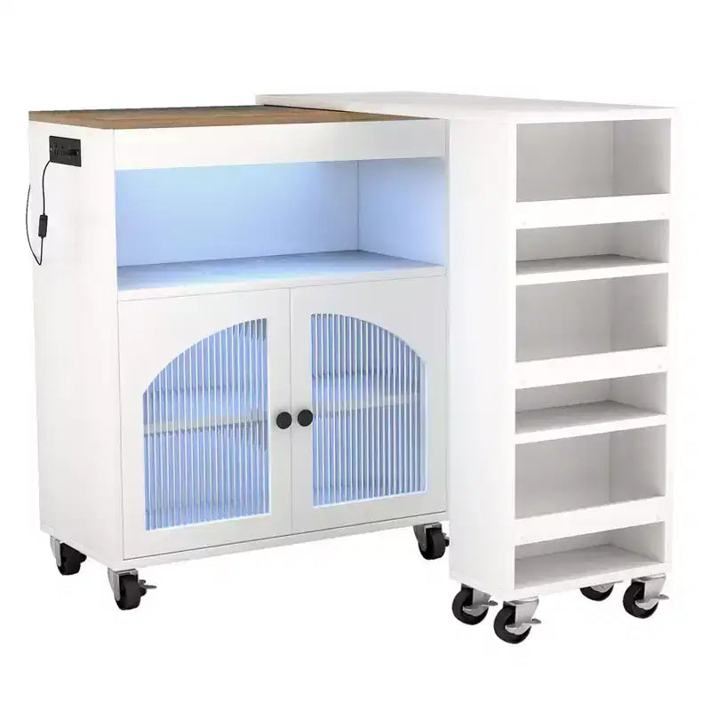 AEELLEEA Îlot de cuisine sur roulettes avec table extensible, chariot de rangement de cuisine roulant en MDF, 2 portes vitrées cannelées, 3 étagères ouvertes latérales, blanc