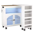 AEELLEEA Îlot de cuisine sur roulettes avec table extensible, chariot de rangement de cuisine roulant en MDF, 2 portes vitrées cannelées, 3 étagères ouvertes latérales, blanc