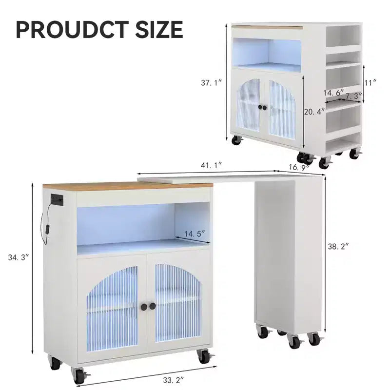 AEELLEEA Îlot de cuisine sur roulettes avec table extensible, chariot de rangement de cuisine roulant en MDF, 2 portes vitrées cannelées, 3 étagères ouvertes latérales, blanc