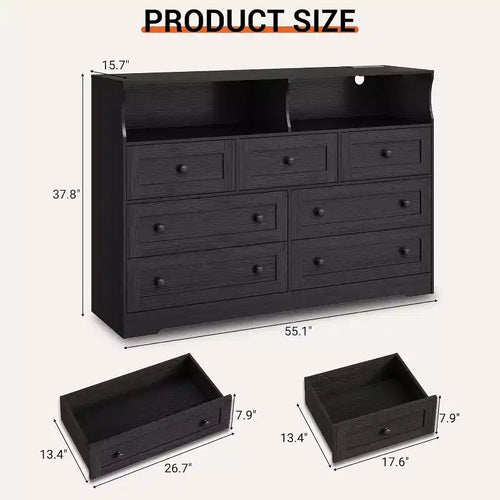 Commode Acekool à 7 tiroirs avec station de charge, commode moderne avec compartiments ouverts, éclairage d'appoint, organisateur de rangement pour chambre et placard