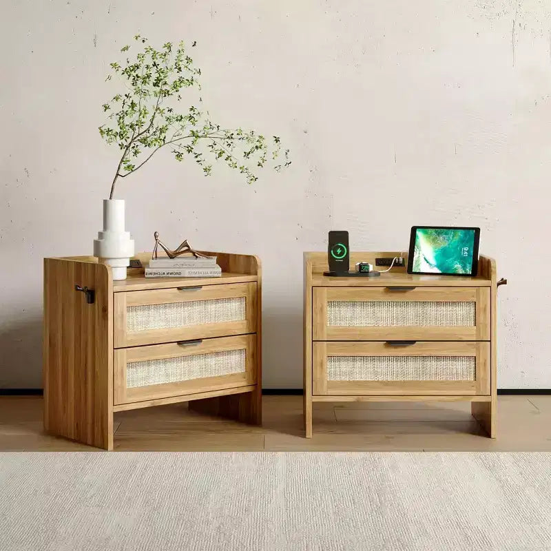 Tables de chevet en rotin (lot de 2), tables d'appoint avec 2 tiroirs de rangement, tables d'appoint bohèmes pour chambre à coucher, salon, bureau