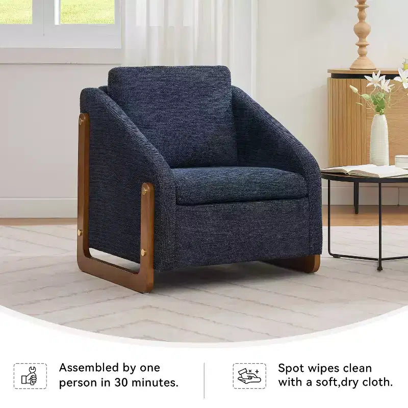 MAYEERTY Fauteuil en chenille, structure latérale en bois, assise coussinée, pour salon ou chambre à coucher, beige