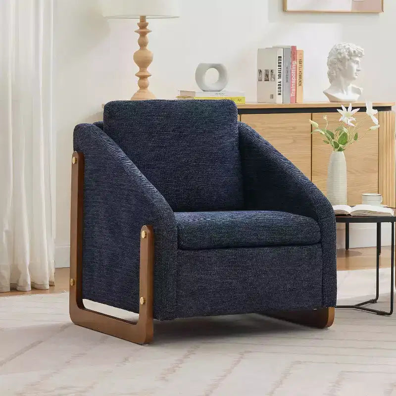 MAYEERTY Fauteuil en chenille, structure latérale en bois, assise coussinée, pour salon ou chambre à coucher, beige
