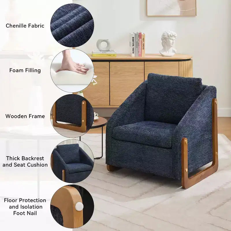MAYEERTY Fauteuil en chenille, structure latérale en bois, assise coussinée, pour salon ou chambre à coucher, beige