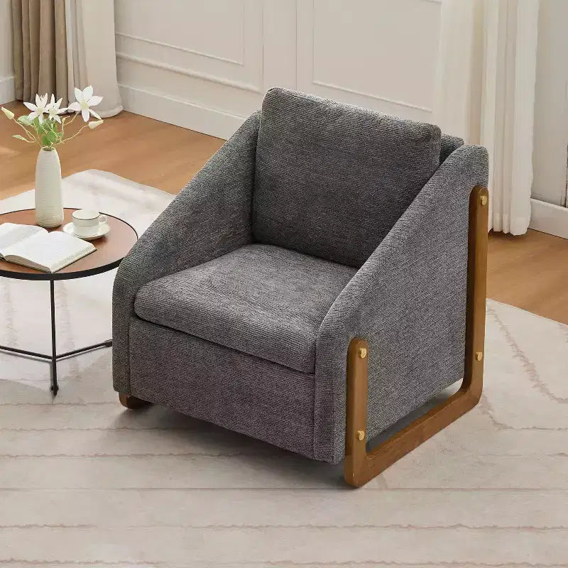 MAYEERTY Fauteuil en chenille, structure latérale en bois, assise coussinée, pour salon ou chambre à coucher, beige