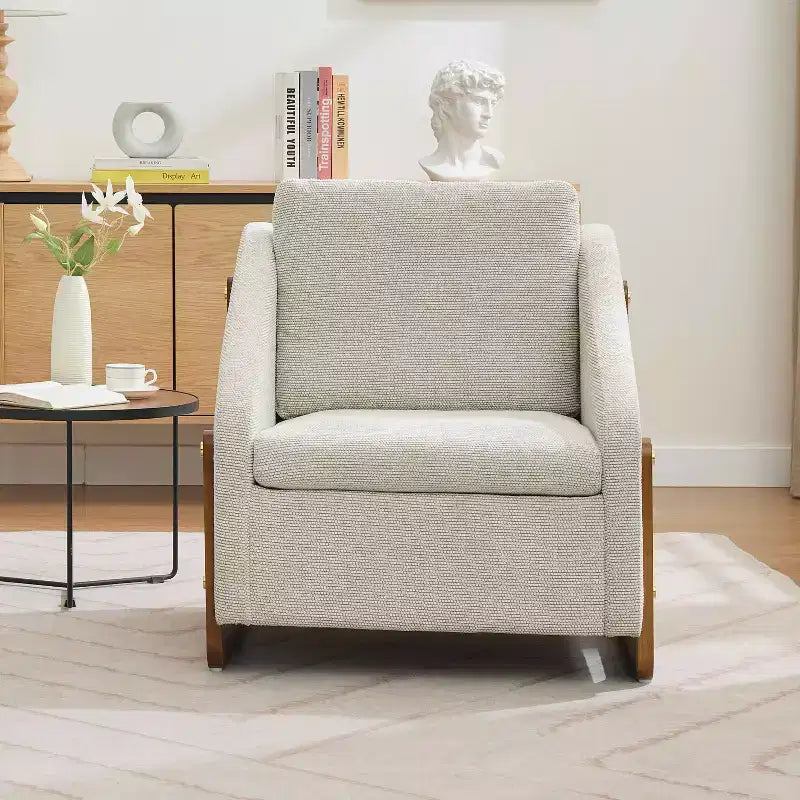 MAYEERTY Fauteuil en chenille, structure latérale en bois, assise coussinée, pour salon ou chambre à coucher, beige