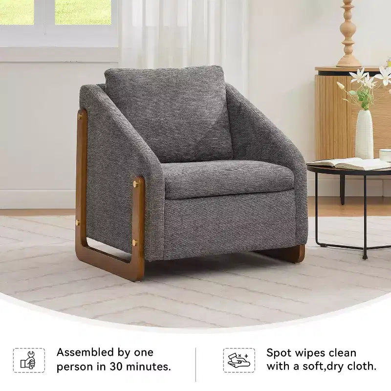 MAYEERTY Fauteuil en chenille, structure latérale en bois, assise coussinée, pour salon ou chambre à coucher, beige
