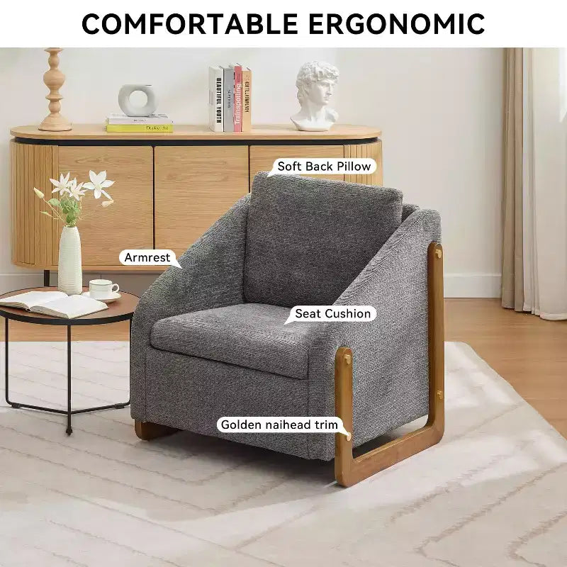 MAYEERTY Fauteuil en chenille, structure latérale en bois, assise coussinée, pour salon ou chambre à coucher, beige