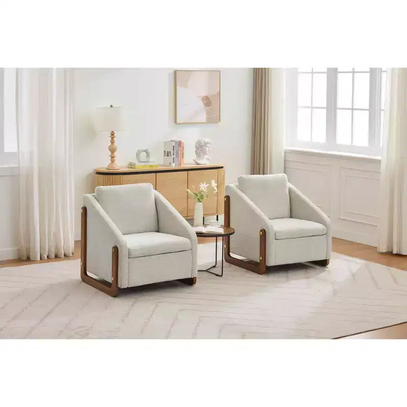 MAYEERTY Fauteuil en chenille, structure latérale en bois, assise coussinée, pour salon ou chambre à coucher, beige