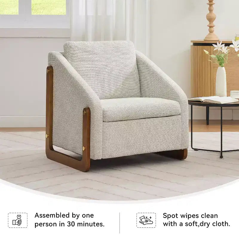MAYEERTY Fauteuil en chenille, structure latérale en bois, assise coussinée, pour salon ou chambre à coucher, beige