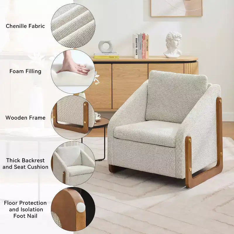 MAYEERTY Fauteuil en chenille, structure latérale en bois, assise coussinée, pour salon ou chambre à coucher, beige