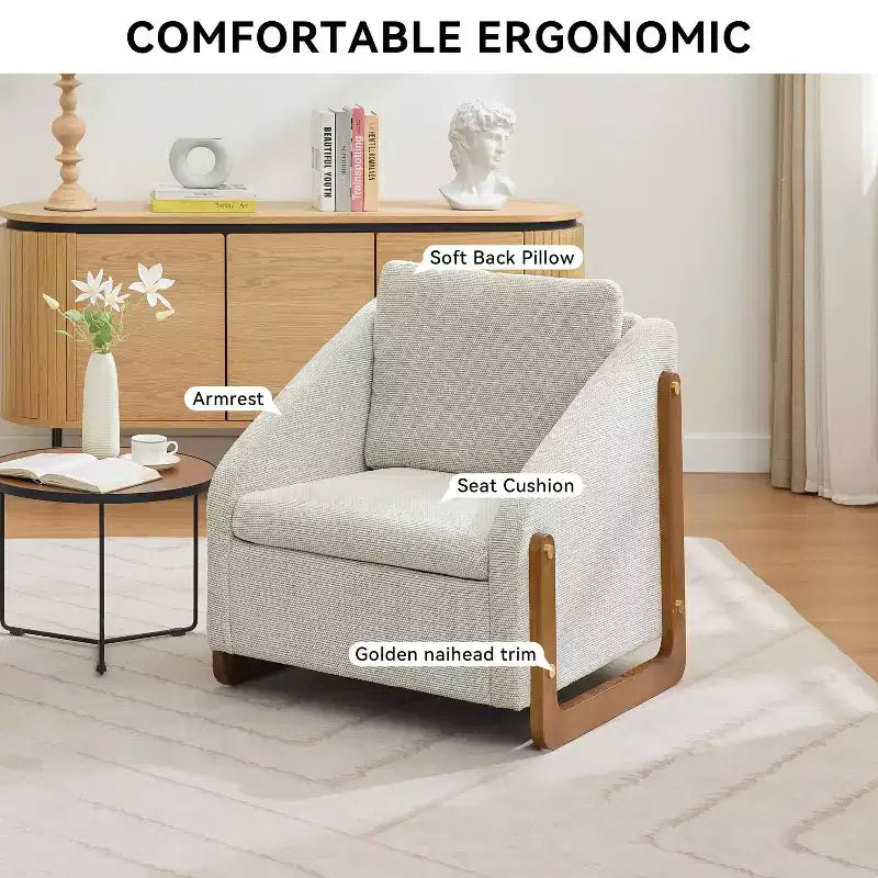 MAYEERTY Fauteuil en chenille, structure latérale en bois, assise coussinée, pour salon ou chambre à coucher, beige