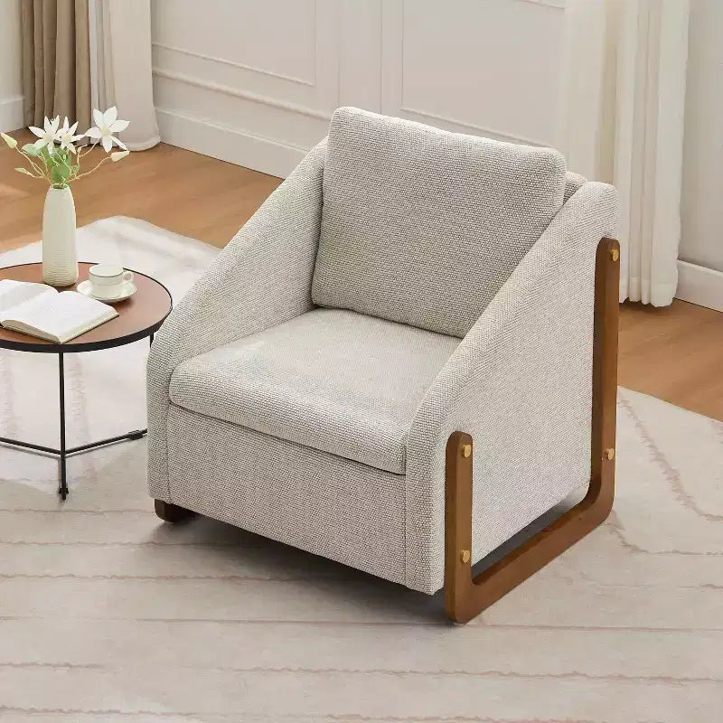 MAYEERTY Fauteuil en chenille, structure latérale en bois, assise coussinée, pour salon ou chambre à coucher, beige