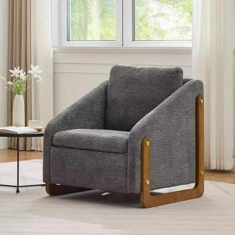 MAYEERTY Fauteuil en chenille, structure latérale en bois, assise coussinée, pour salon ou chambre à coucher, beige