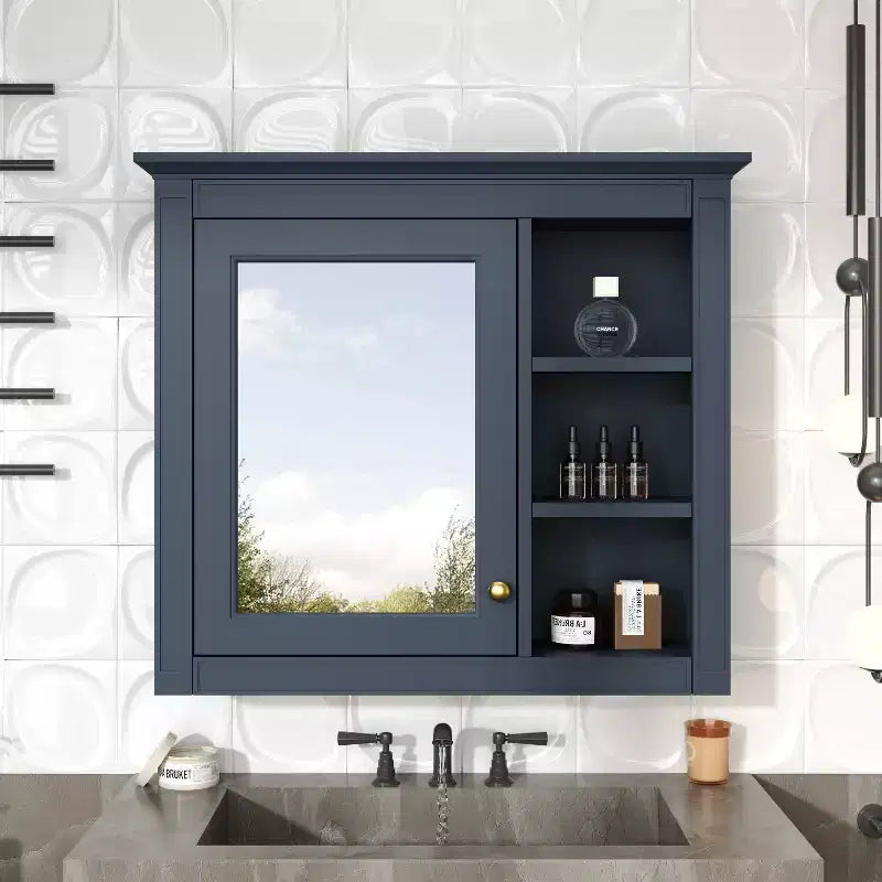 FAMYYT Armoire de toilette rectangulaire à surface de fixation en MDF de 30 po L x 28 po H avec miroir et étagères ouvertes