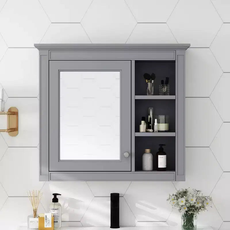 FAMYYT Armoire de toilette rectangulaire à surface de fixation en MDF de 30 po L x 28 po H avec miroir et étagères ouvertes