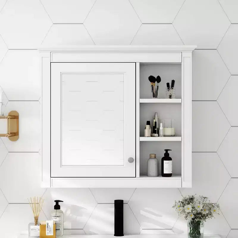 FAMYYT Armoire de toilette rectangulaire à surface de fixation en MDF de 30 po L x 28 po H avec miroir et étagères ouvertes
