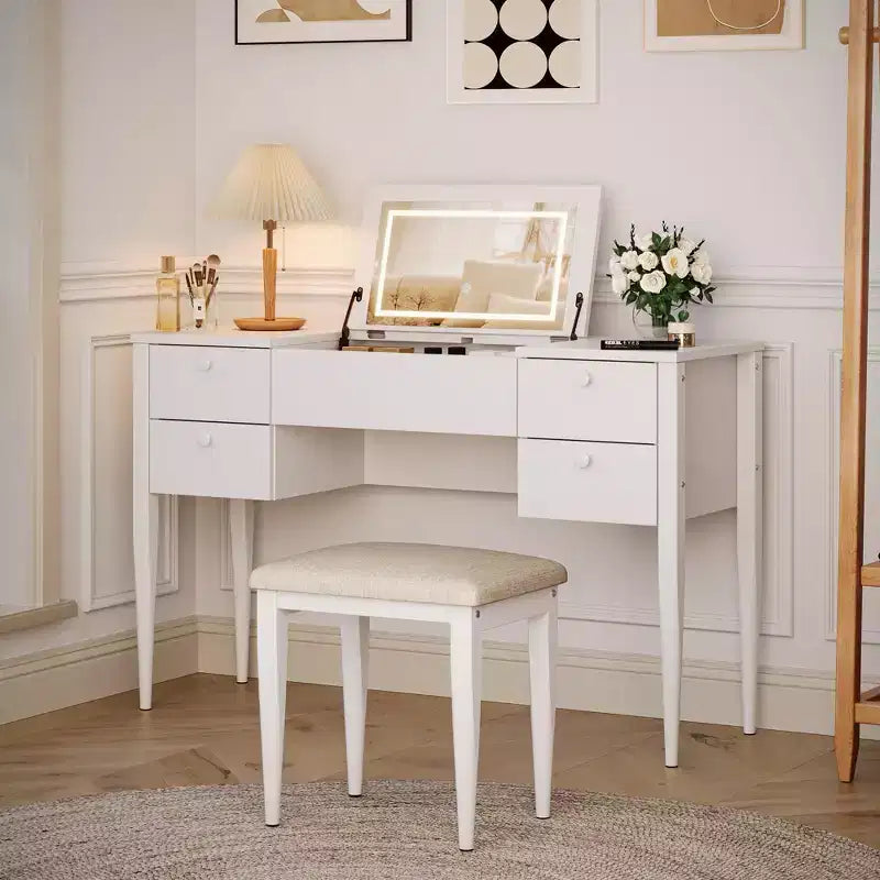 Coiffeuse de Maquillage avec Lumières et Tabouret, Coiffeuse avec Plateau Relevable et Miroir, Coiffeuse avec Meuble Central et 4 Tiroirs 3 Modes d'Éclairage, Doré