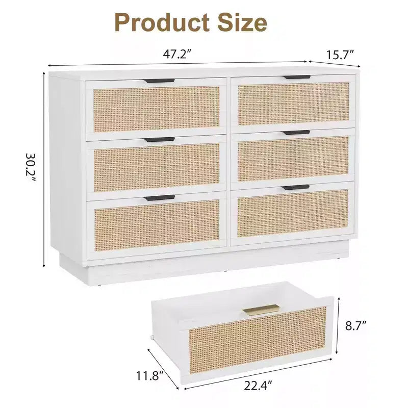 Commode 6 tiroirs en rotin pour chambre à coucher, design monobloc corps et pieds, commode en bois pour couloirs, entrées et dressing, montage facile