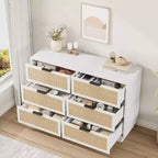 Commode 6 tiroirs en rotin pour chambre à coucher, design monobloc corps et pieds, commode en bois pour couloirs, entrées et dressing, montage facile