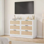 Commode 6 tiroirs en rotin pour chambre à coucher, design monobloc corps et pieds, commode en bois pour couloirs, entrées et dressing, montage facile