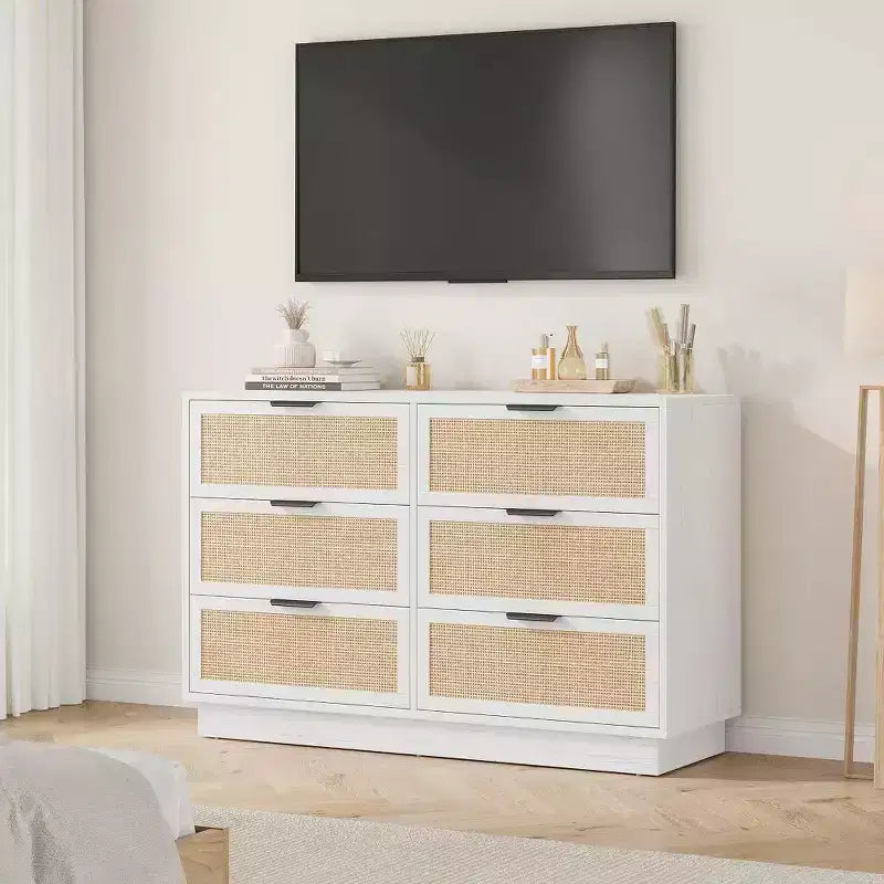 Commode 6 tiroirs en rotin pour chambre à coucher, design monobloc corps et pieds, commode en bois pour couloirs, entrées et dressing, montage facile
