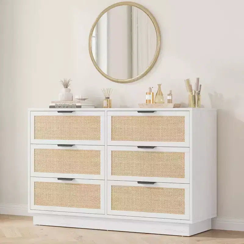 Commode 6 tiroirs en rotin pour chambre à coucher, design monobloc corps et pieds, commode en bois pour couloirs, entrées et dressing, montage facile