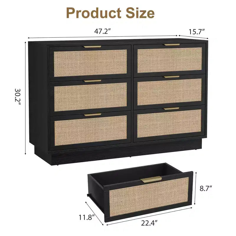 Commode 6 tiroirs en rotin pour chambre à coucher, design monobloc corps et pieds, commode en bois pour couloirs, entrées et dressing, montage facile