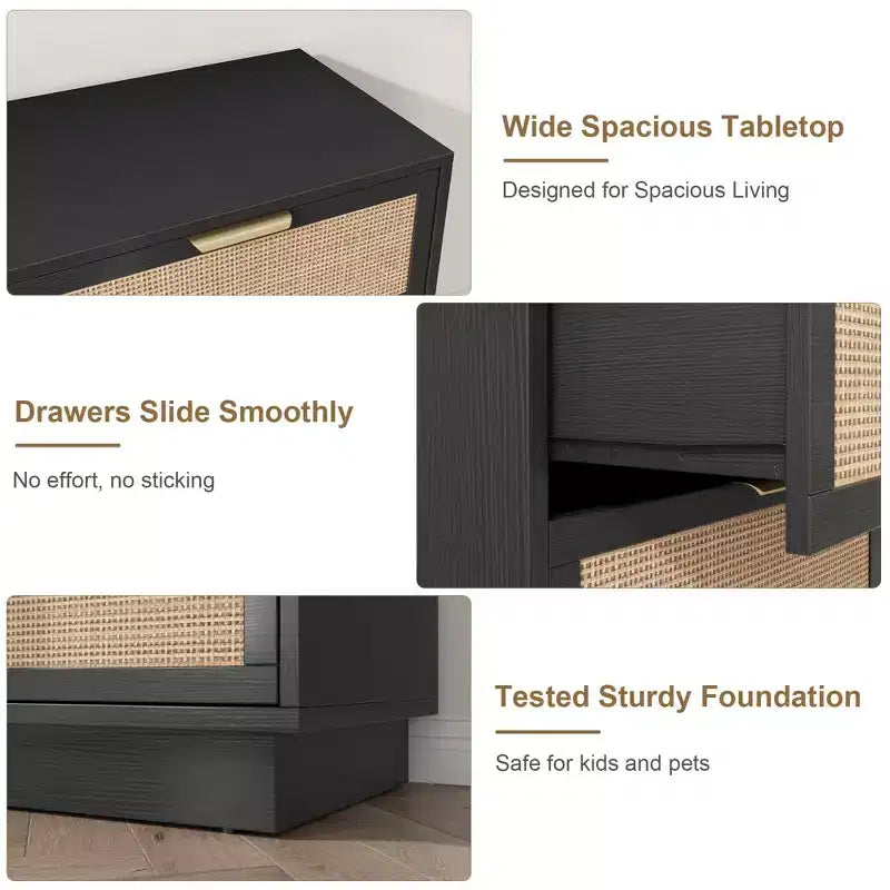 Commode 6 tiroirs en rotin pour chambre à coucher, design monobloc corps et pieds, commode en bois pour couloirs, entrées et dressing, montage facile