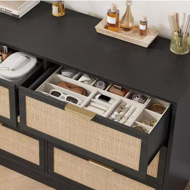 Commode 6 tiroirs en rotin pour chambre à coucher, design monobloc corps et pieds, commode en bois pour couloirs, entrées et dressing, montage facile