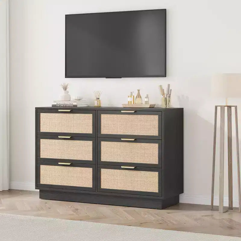 Commode 6 tiroirs en rotin pour chambre à coucher, design monobloc corps et pieds, commode en bois pour couloirs, entrées et dressing, montage facile