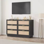Commode 6 tiroirs en rotin pour chambre à coucher, design monobloc corps et pieds, commode en bois pour couloirs, entrées et dressing, montage facile