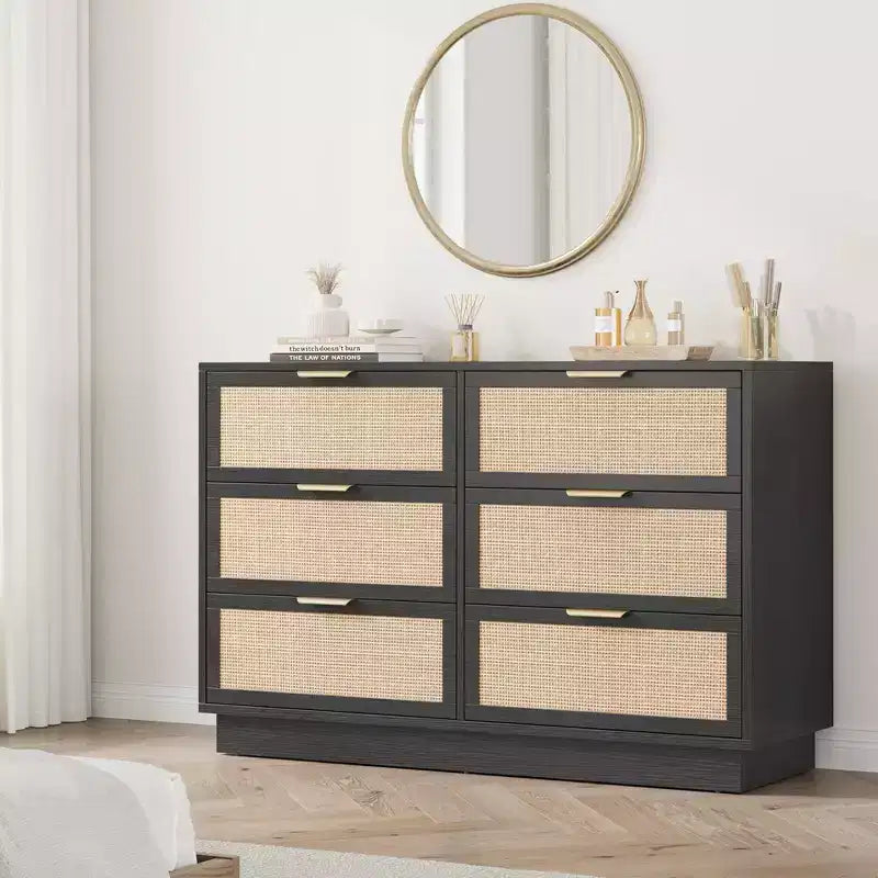 Commode 6 tiroirs en rotin pour chambre à coucher, design monobloc corps et pieds, commode en bois pour couloirs, entrées et dressing, montage facile