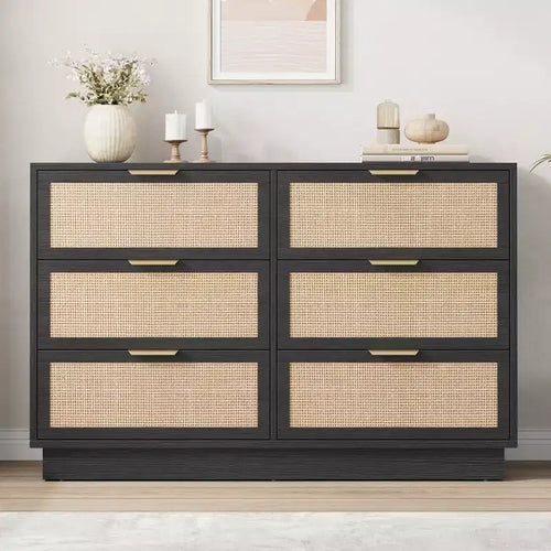 6 Drawer Rattan Dresser for Bedroom, Integrated Cabinet Body & Legs Design, Wooden Chest of Drawers for Hallways, Entryways and Closet, Easy Assembly