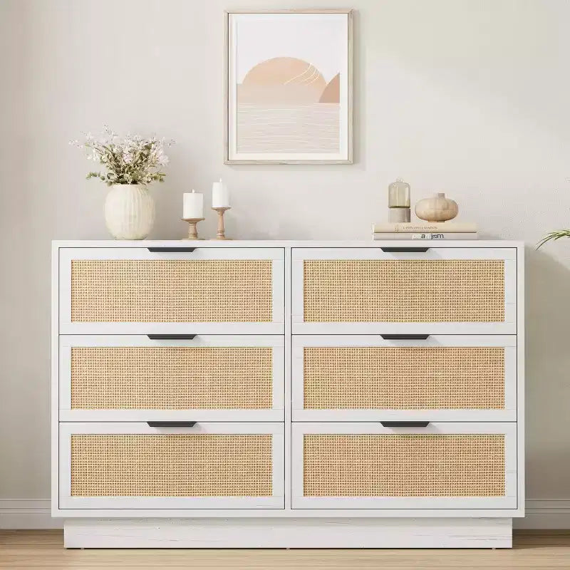 Commode 6 tiroirs en rotin pour chambre à coucher, design monobloc corps et pieds, commode en bois pour couloirs, entrées et dressing, montage facile