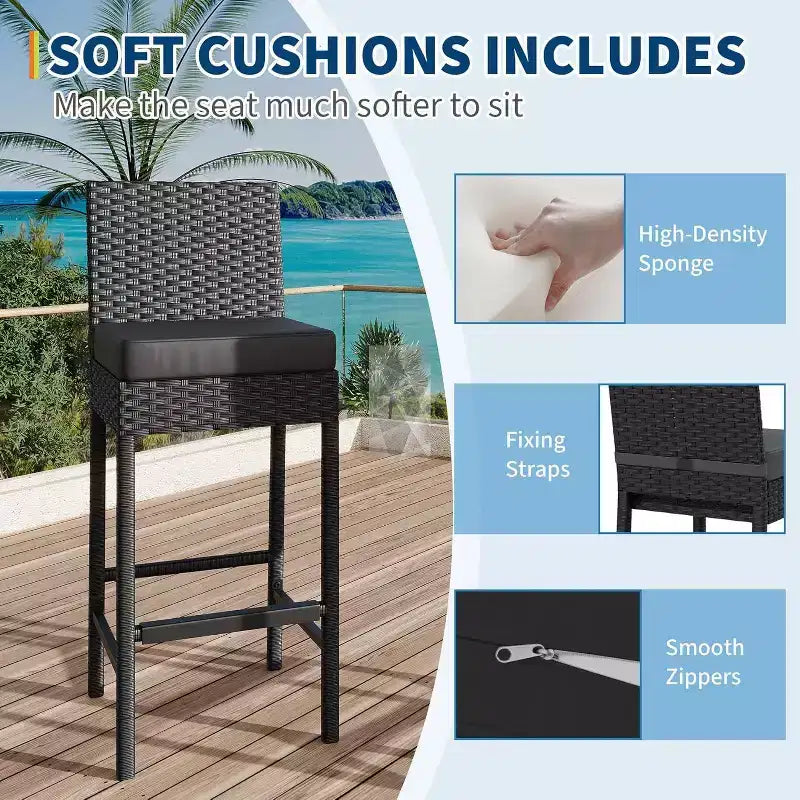 Ensemble de 2 tabourets de bar d'extérieur en osier, tabourets de bar d'extérieur en rotin sans accoudoirs avec coussins, pour jardin, bord de piscine