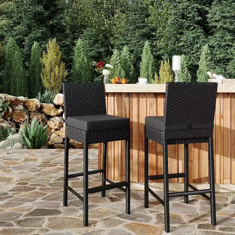 Ensemble de 2 tabourets de bar d'extérieur en osier, tabourets de bar d'extérieur en rotin sans accoudoirs avec coussins, pour jardin, bord de piscine