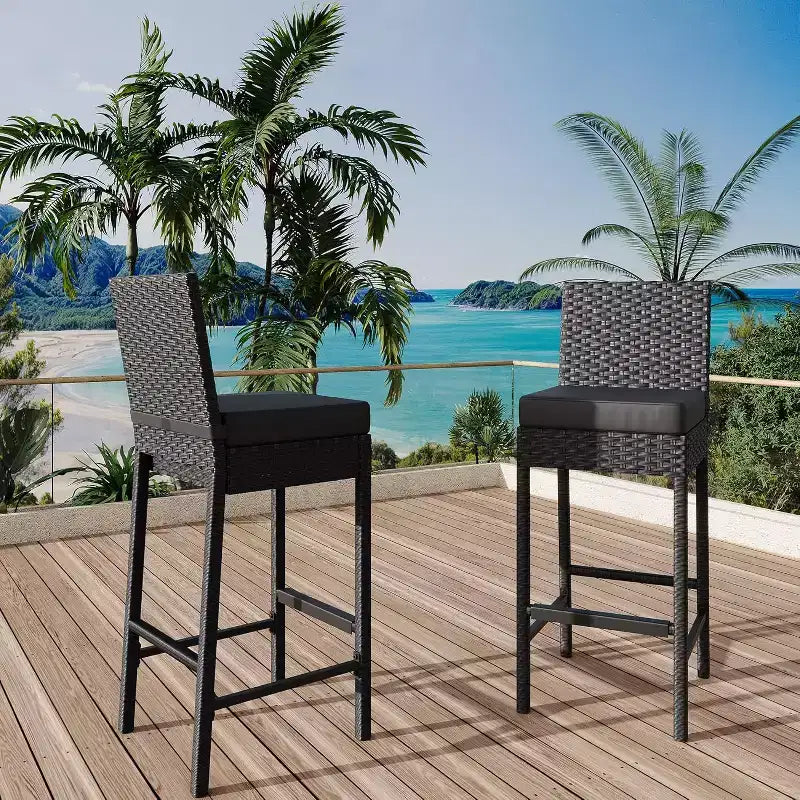 Ensemble de 2 tabourets de bar d'extérieur en osier, tabourets de bar d'extérieur en rotin sans accoudoirs avec coussins, pour jardin, bord de piscine