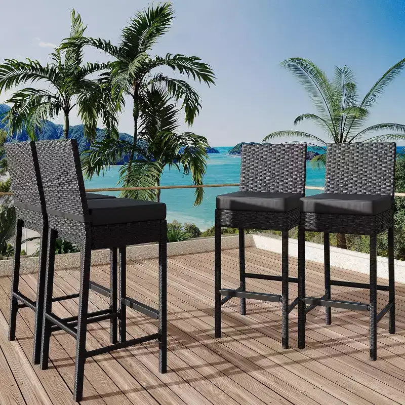 Ensemble de 2 tabourets de bar d'extérieur en osier, tabourets de bar d'extérieur en rotin sans accoudoirs avec coussins, pour jardin, bord de piscine