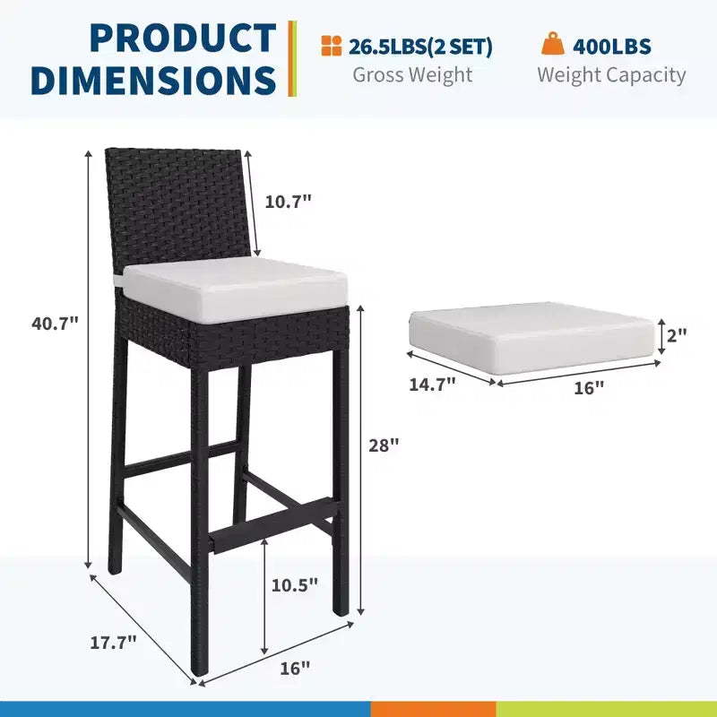 Ensemble de 2 tabourets de bar d'extérieur en osier, tabourets de bar d'extérieur en rotin sans accoudoirs avec coussins, pour jardin, bord de piscine