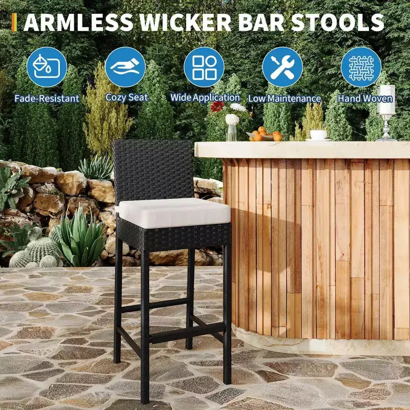 Ensemble de 2 tabourets de bar d'extérieur en osier, tabourets de bar d'extérieur en rotin sans accoudoirs avec coussins, pour jardin, bord de piscine