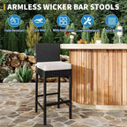 Ensemble de 2 tabourets de bar d'extérieur en osier, tabourets de bar d'extérieur en rotin sans accoudoirs avec coussins, pour jardin, bord de piscine